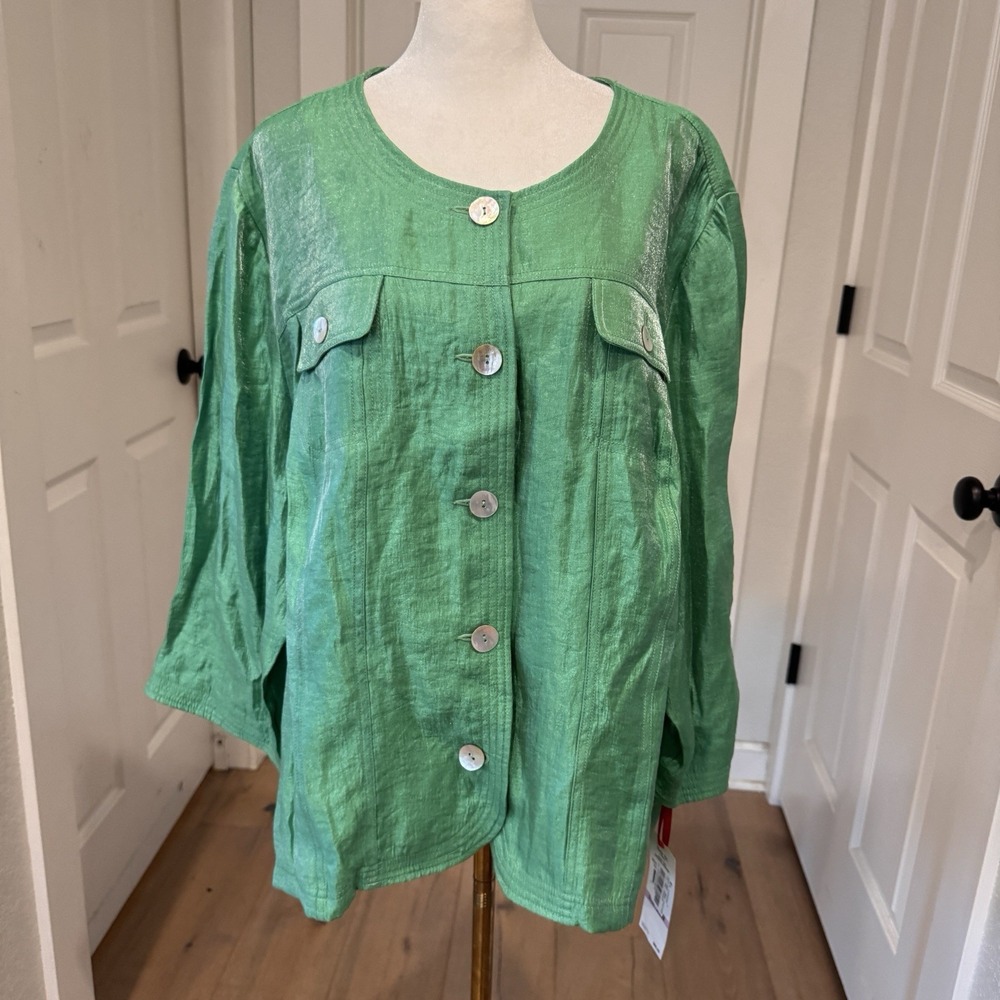 NEW Ruby Rd Womens Top Plus Sz 22W Shimmery Green Button Down Lightweight Jacket